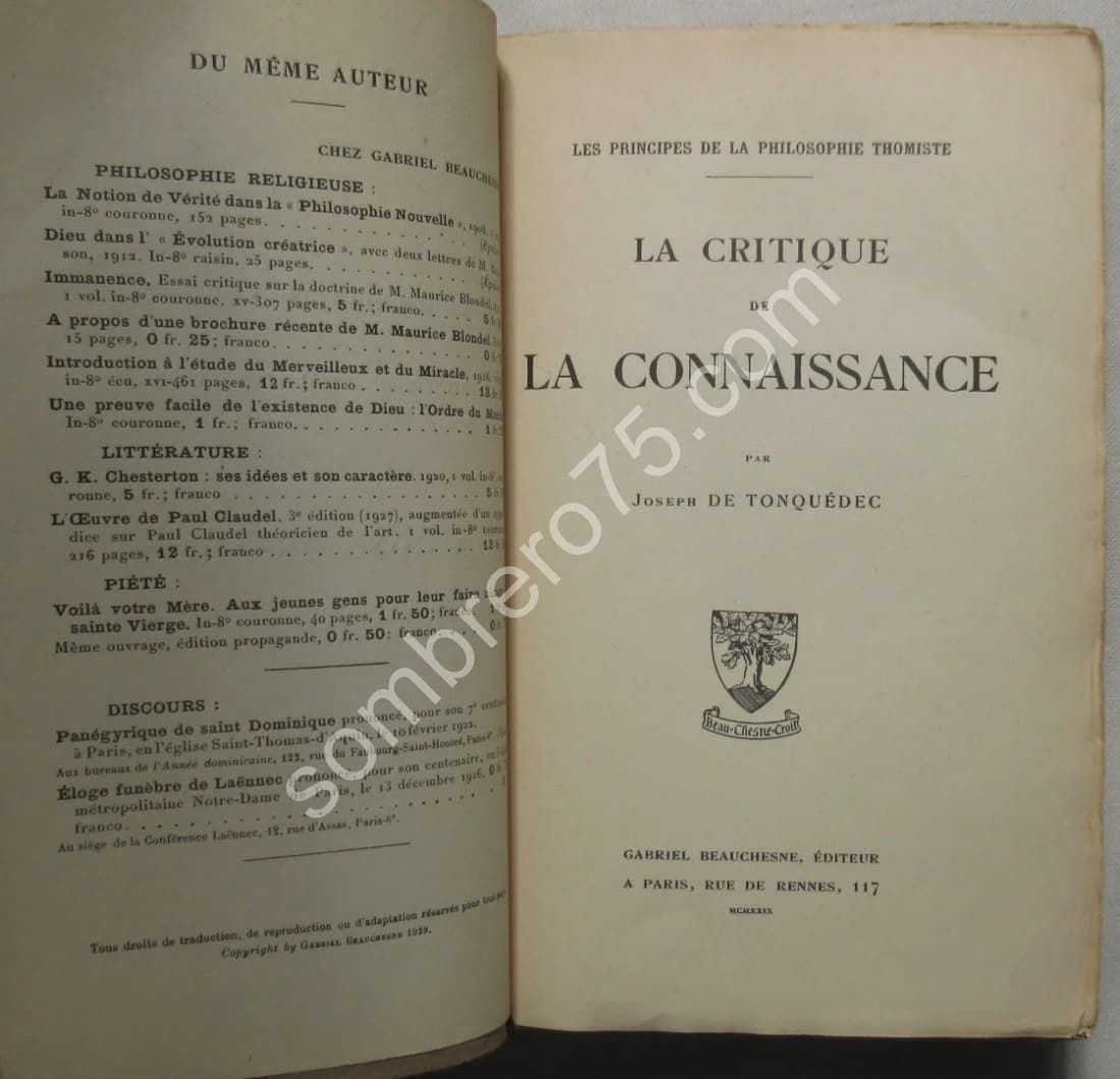 La Critique de la Connaissance. Joseph de Tonquédec. 1929 - Image 3