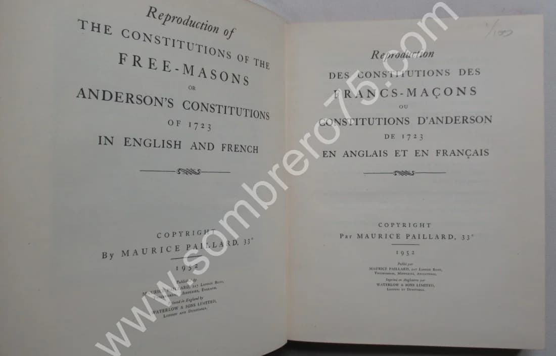 Reproduction des Constitutions des Francs Maçons de 1723. Anglais/Français. 1952 - Image 4