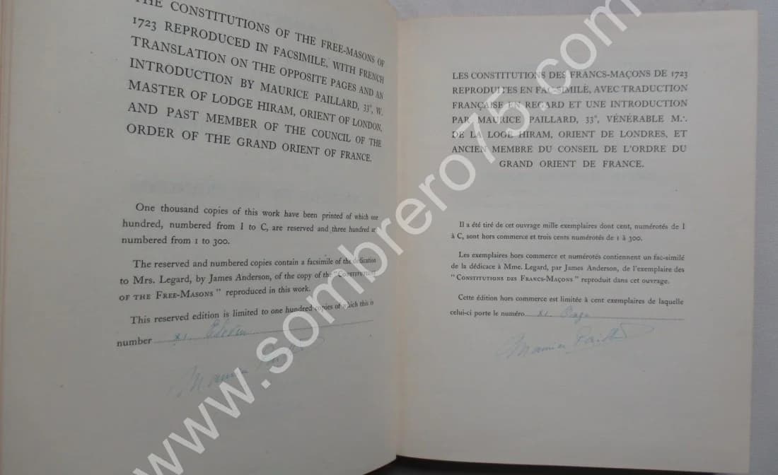 Reproduction des Constitutions des Francs Maçons de 1723. Anglais/Français. 1952 - Image 5