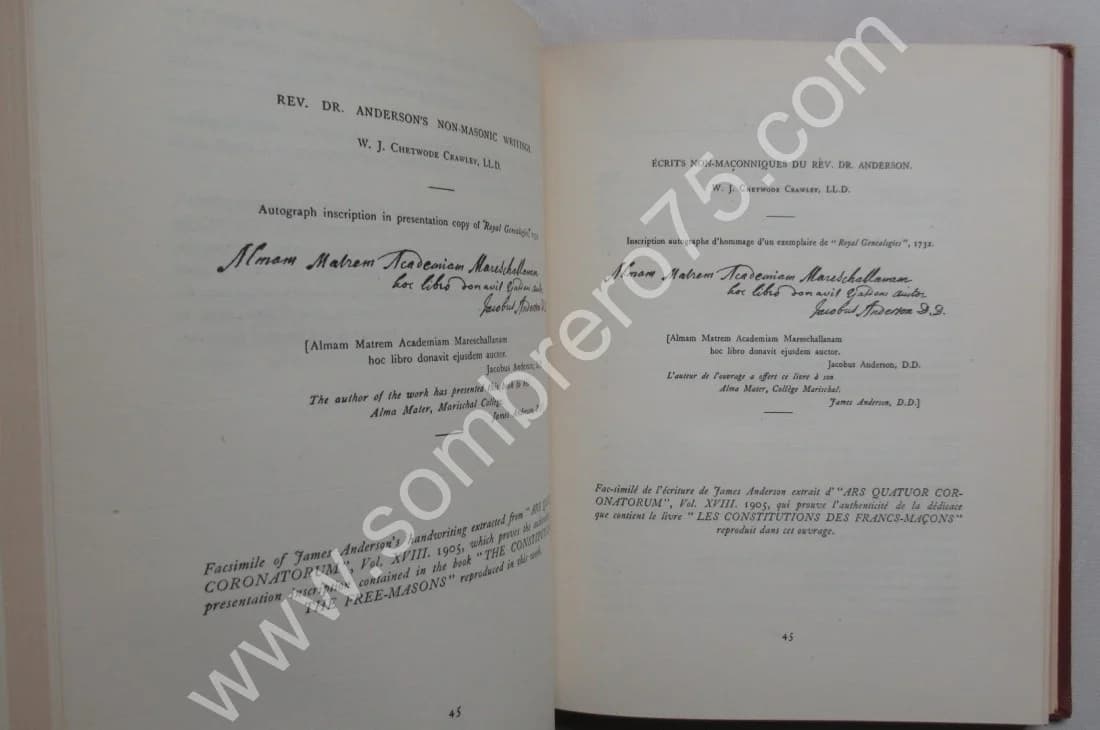 Reproduction des Constitutions des Francs Maçons de 1723. Anglais/Français. 1952 - Image 6