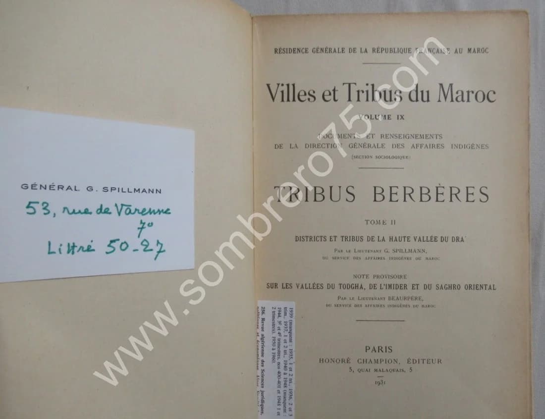 Tribus Berbères Tome II. Villes et Tribus du Maroc. Lt SPILLMANN. Envoi - Image 3