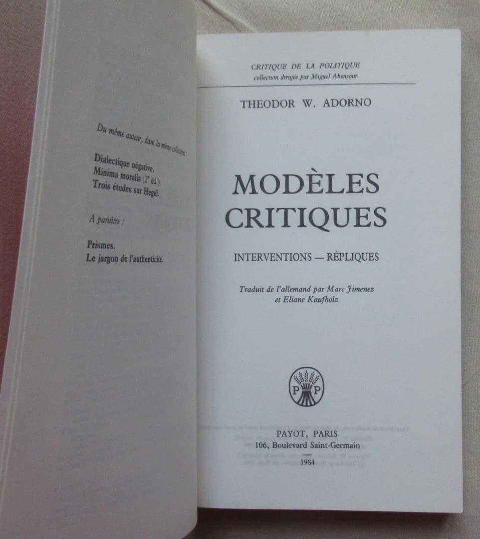 Modèles Critiques. Theodor ADORNO - Image 3